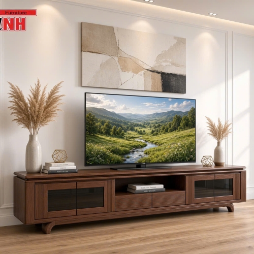 KỆ TIVI 2.2M - 4 CÁNH KÍNH HIỆN ĐẠI GỖ TẦN BÌ