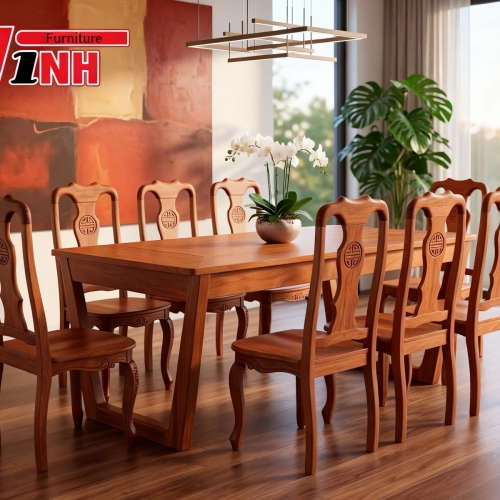  BỘ BÀN ĂN CHÂN U + 8 GHẾ THỌ GỖ GÕ ĐỎ