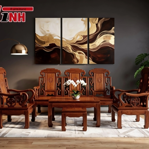Bộ Ghế Âu Á Móc 6 Món Căm Xe + Gõ Đỏ