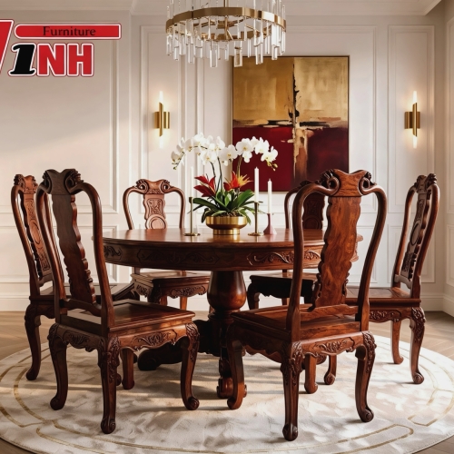 BỘ BÀN TRÒN + 6 GHẾ GỖ CẨM LAI VIP