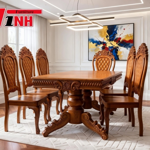 BỘ BÀN ĂN HCN + 6 GHẾ CARO GỖ GÕ ĐỎ