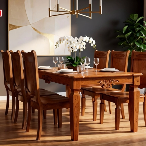 BỘ BÀN ĂN + 6 GHẾ DƯƠNG XỈ GỖ GÕ ĐỎ 