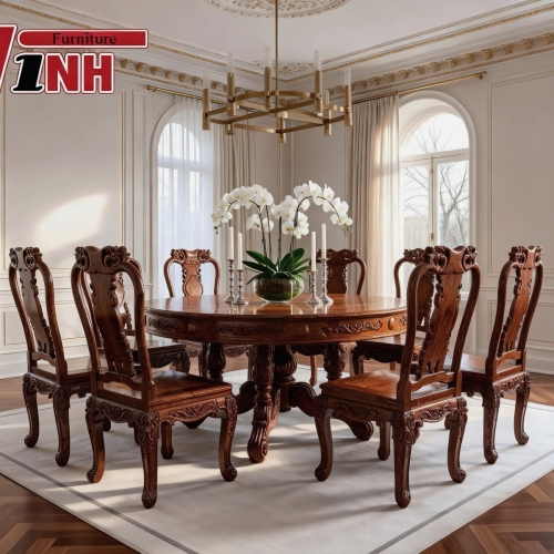  BỘ BÀN TRÒN + 8 GHẾ ĐÀO GỖ CẨM LAI PHỐI NU GÕ ĐỎ VIP 