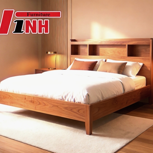 GIƯỜNG NHẬT 1.8M TÍCH HỢP HỘC KỆ ĐẦU GIƯỜNG GỖ GÕ ĐỎ