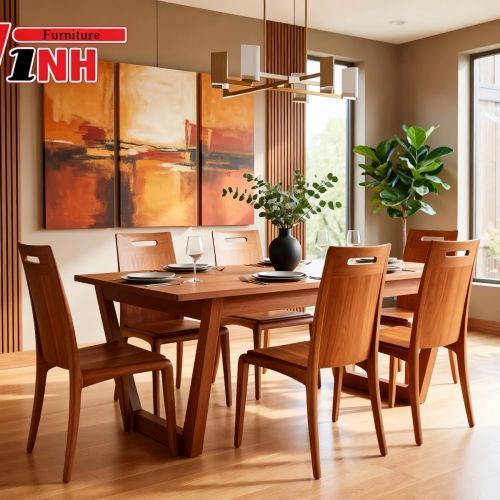 BỘ BÀN ĂN CHÂN U + 6 GHẾ CASTE GỖ GÕ ĐỎ 