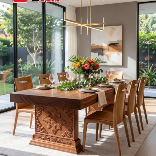 BỘ BÀN DÀI 1 TẤM (2.23M * 1.53M * 15CM) + 8 GHẾ CASTE GỖ GÕ ĐỎ VIP