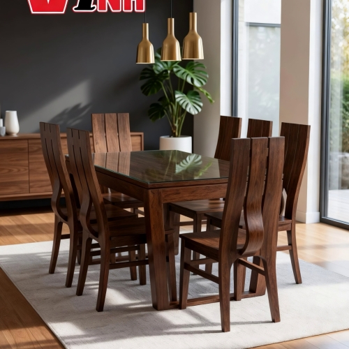 BỘ BÀN ĂN CHÂN U + 8 GHẾ CHỮ H GỖ TRÀM RỪNG PHỐI XOAN ĐÀO