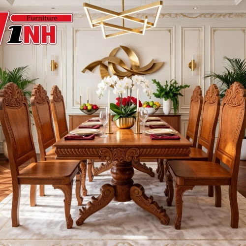BỘ BÀN ĂN HCN + 6 GHẾ TỰA VUÔNG GỖ GÕ ĐỎ