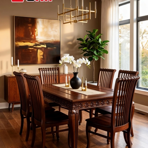 BỘ BÀN ĂN HCN + 6 GHẾ 9 NAN GỖ TAU