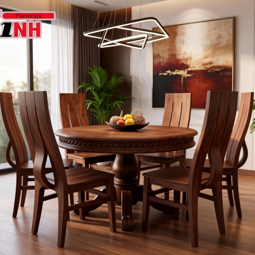 BỘ BÀN ĂN TRÒN 6 GHẾ CHỮ H GỖ TRÀM RỪNG