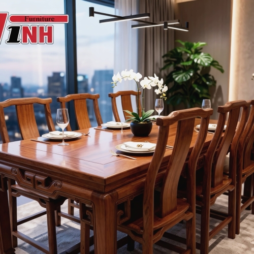 BỘ BÀN ĂN MÓC + 6 GHẾ SỪNG TRÂU GỖ GÕ ĐỎ