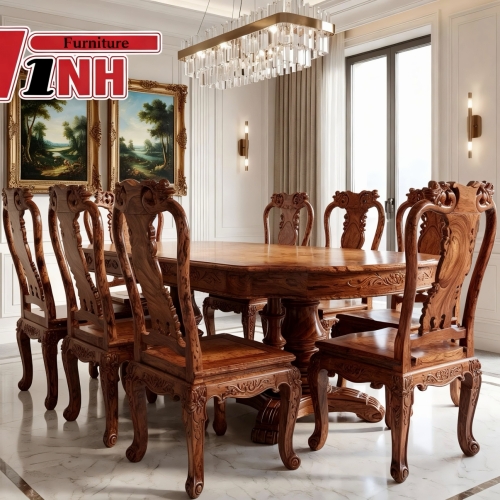 BỘ BÀN ĂN OVAL + 8 GHẾ ĐÀO GỖ CẨM LAI VIP