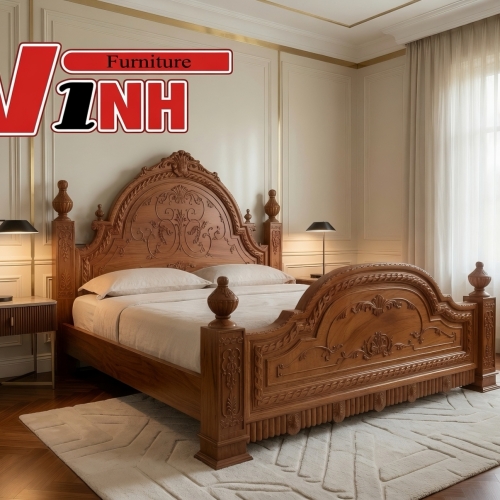  GIƯỜNG 1.8M HOÀNG GIA CỘT TIỆN TÂN CỔ ĐIỂN GỖ GÕ ĐỎ VIP