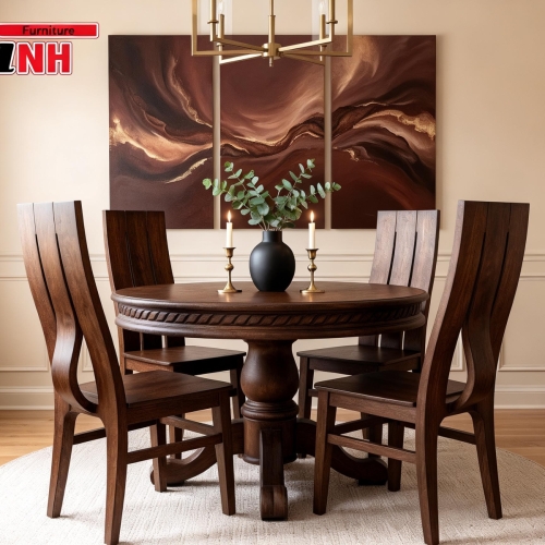 BỘ BÀN ĂN TRÒN + 4 GHẾ CHỮ H GỖ TRÀM RỪNG PHỐI XOAN ĐÀO 