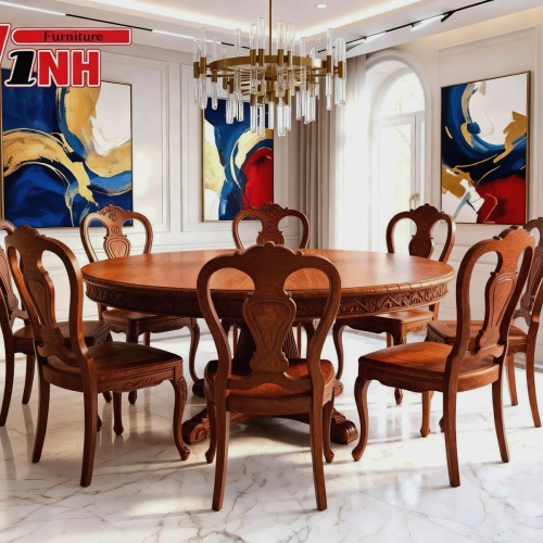 BỘ BÀN TRÒN + 8 GHẾ HOÀNG GIA GỖ GÕ ĐỎ 