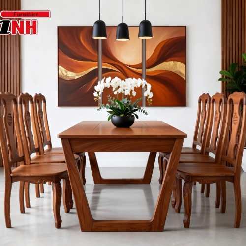 BỘ BÀN ĂN CHÂN U + 6 GHẾ THỌ GỖ GÕ ĐỎ 