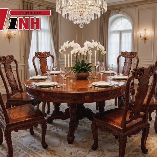 BỘ BÀN TRÒN + 6 GHẾ ĐÀO GỖ CẨM LAI PHỐI NU GÕ ĐỎ VIP 