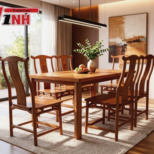 BỘ BÀN ĂN HCN + 6 GHẾ LƯNG SEN GỖ GÕ ĐỎ