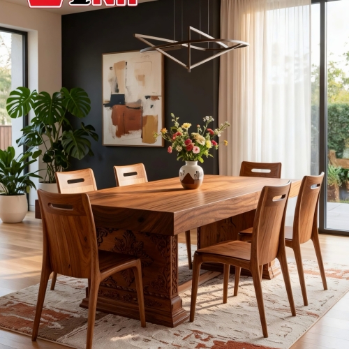 BỘ BÀN DÀI 1 TẤM (2.23M * 1.53M * 15CM) + 6 GHẾ CASTE GỖ GÕ ĐỎ VIP