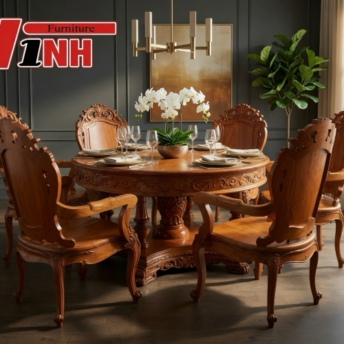BỘ BÀN TRÒN + 6 GHẾ GỖ GÕ ĐỎ 