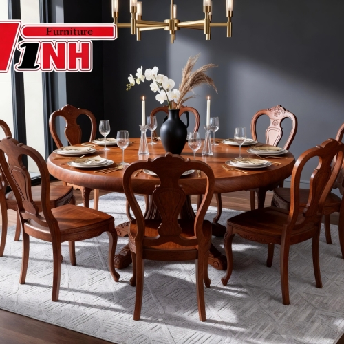 BỘ BÀN TRÒN 1 TẤM (1.96M * 15CM) + 8 GHẾ HOÀNG GIA GỖ GÕ ĐỎ VIP