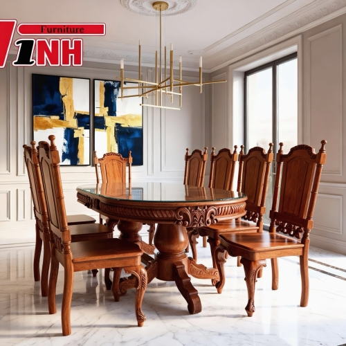 BỘ BÀN ĂN OVAL + 8 GHẾ TIỆN GỖ GÕ ĐỎ