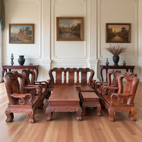 Bộ Ghế 14 Chạm Đào Cẩm Lai Lục Lõi 100%