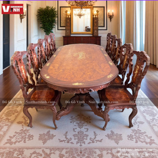 Bàn Ăn Oval 10 Ghế Cẩn Ốc