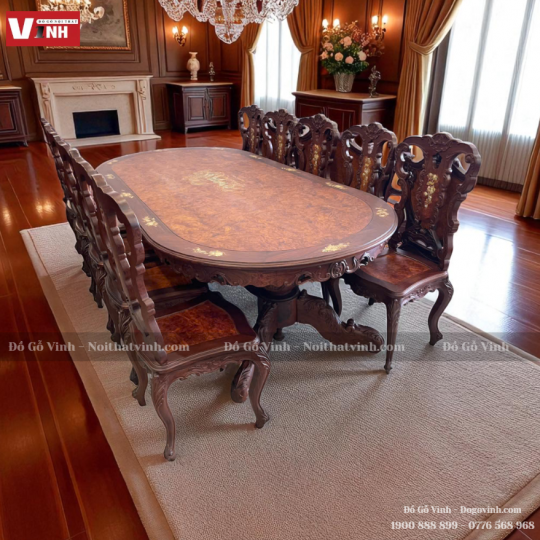 Bàn Ăn Oval 10 Ghế Cẩn Ốc